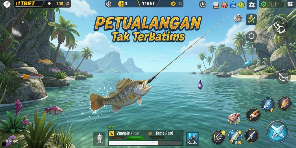 Tampilan gameplay memancing seru di 11TBET yang menampilkan suasana pantai.