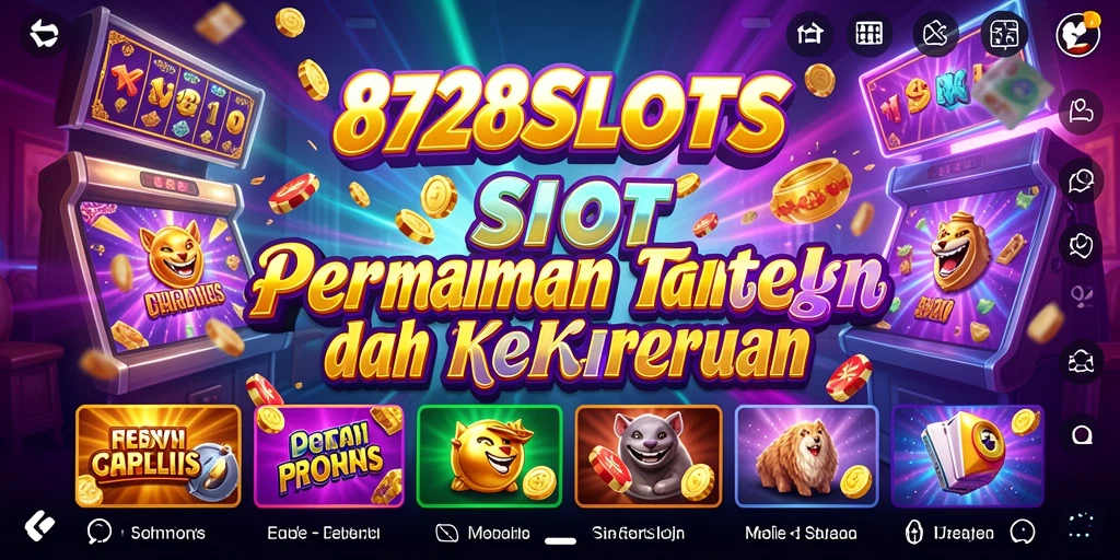 Screenshot gameplay 8728SLOTS menampilkan gulungan yang berputar dengan simbol-simbol menarik.