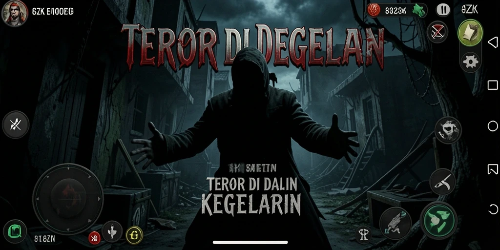 Screenshot gameplay 8ZK menampilkan suasana horror yang gelap dan menakutkan.