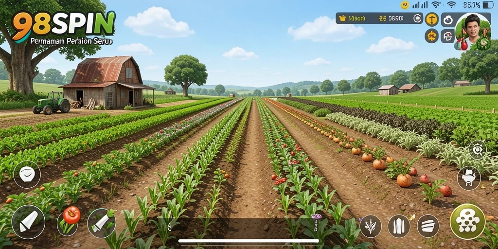 Tampilan gameplay 98SPIN menampilkan ladang yang subur dengan berbagai tanaman.