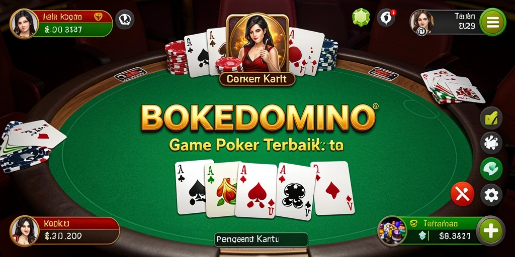 Tampilan gameplay menarik dari BOKEDOMINO dengan suasana Poker yang intens.