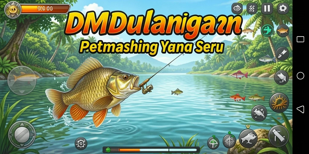 Tampilan gameplay DMD999 menampilkan aksi memancing yang mendebarkan.