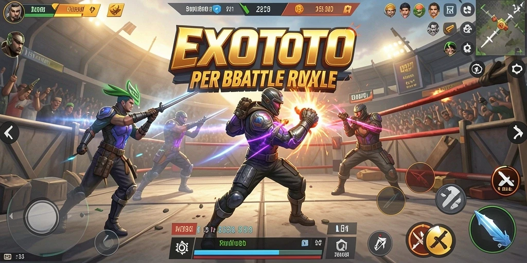 Screenshot EXOTOTO menunjukkan aksi mendebarkan di arena Battle Royale.