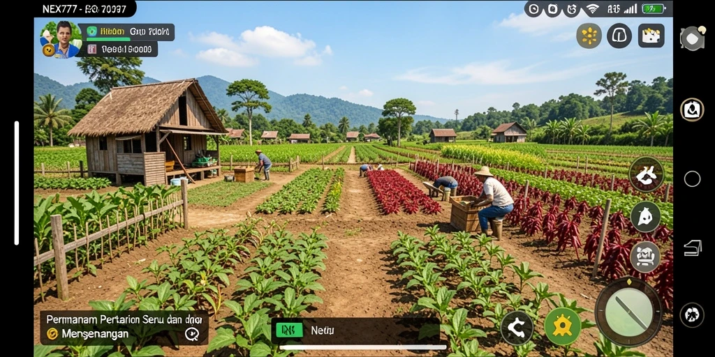 Screenshot NEX777 menunjukkan gameplay pertanian yang menyenangkan dan interaktif.