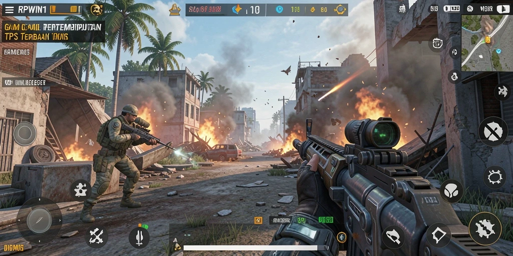 Tampilan gameplay RPWIN1 dengan aksi tembak-menembak yang intens.
